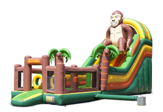 Tobogán inflable único con temática de gorila con una piscina de chapoteo, un objeto 3D impresionante, colores frescos y obstáculos en 3D para los niños. Ordene toboganes inflables ahora en línea en JB Hinchables España