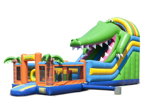 El tobogán inflable en el tema del cocodrilo con una piscina de chapoteo, un objeto 3D impresionante, colores frescos y los obstáculos 3D para los niños. Compre toboganes inflables ahora en línea en JB Hinchables España