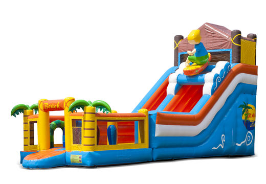 O slide inflável na praia temática com uma piscina infantil, um objeto 3D impressionante, cores frescas e os obstáculos 3D para as crianças. Compre escorregadores infláveis ​​agora online na JB Hinchables España