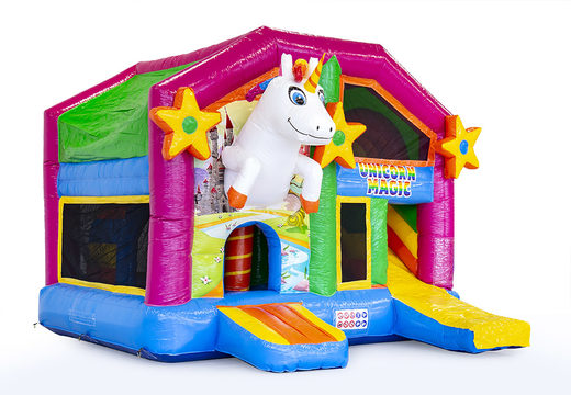 Ordene el castillo hinchable de unicornio mediano con tobogán para niños. Compre castillos hinchables en línea en JB Hinchables España