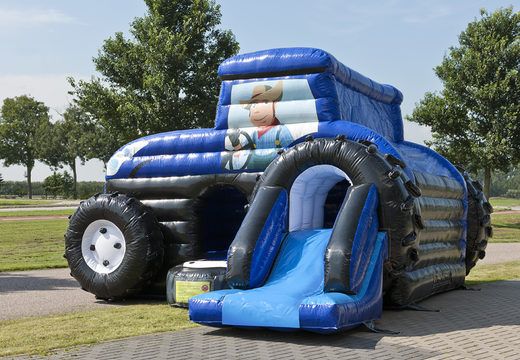 Comprar castillo hinchable cubierto maxi multifun azul con tobogán en tema tractor para niños. Ordene castillos hinchables en línea en JB Hinchables España