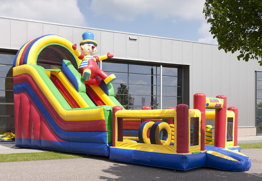Slide inflável multifuncional em tema de palhaço com piscina, objeto 3D impressionante, cores frescas e obstáculos 3D para crianças. Ordene escorregadores infláveis ​​agora online em JB Insuflaveis Portugal