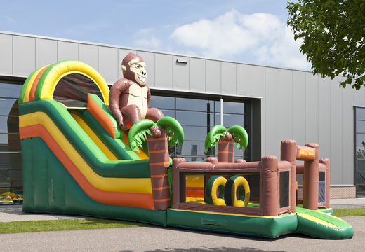 Tobogán inflable multifuncional con temática de gorila con piscina de chapoteo, impresionante objeto 3D, colores frescos y obstáculos 3D para niños. Ordene toboganes inflables ahora en línea en JB Hinchables España