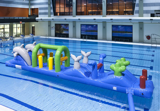 Compre una piscina hermética con temática de delfines con objetos de obstáculos desafiantes para niños. Ordene carreras de obstáculos inflables en línea ahora en JB Hinchables España