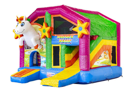 Compre un castillo inflable de interior multiplay con tobogán en el tema unicornio para niños. Ordene castillos inflables en línea en JB Hinchables España