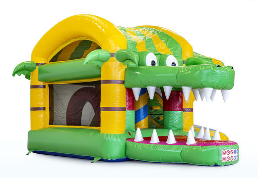 Castillo hinchable en tema cocodrilo con objetos 3D en su interior y un tobogán para niños. Compre castillos hinchables en línea en JB Hinchables España