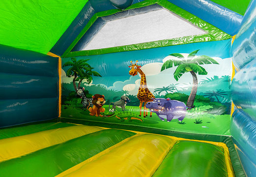 Compra un castillo inflable con una combinación de tobogán en tema de jungla para niños. Ordene castillos inflables en línea en JB Hinchables España