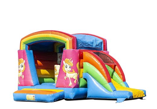 Compra un  pequeño castillo hinchable de interior multifuncional con tema unicornio para niños. Ordena castillos hinchables en línea en JB Hinchables España