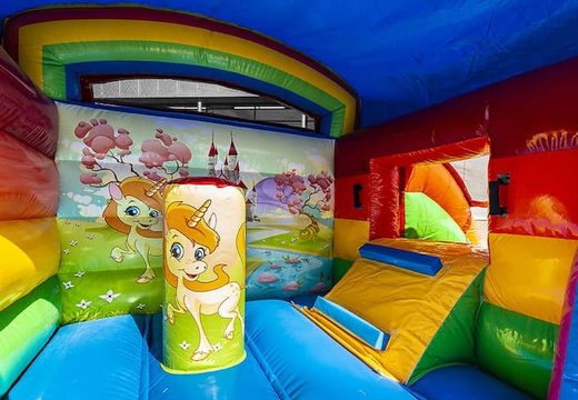 Compra un pequeño multifun castillo inflable de interior en tema de unicornio para niños. Compra inflables en línea en JB Hinchables España