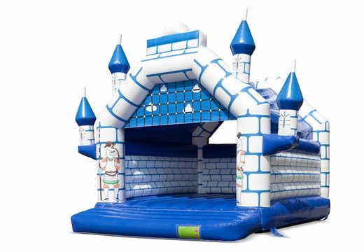 Compre un gran castillo hinchable cubierto de azul y blanco con un tema de castillo para niños. Disponible en JB Hinchables España en línea 