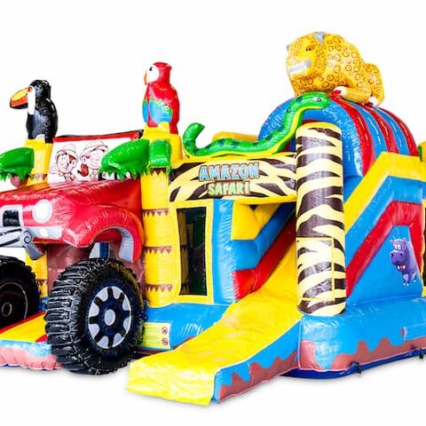 Overdekt opblaasbaar multiplay springkussen met glijbaan kopen in thema amazon safari voor kinderen. Bestel opblaasbare springkussens online bij JB Inflatables Nederland