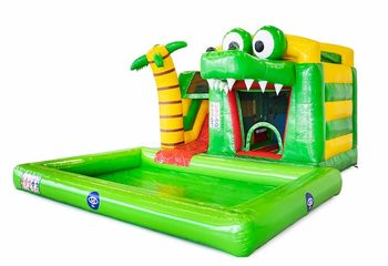 Opblaasbaar mini splash bounce springkussen met zwembadje kopen bij JB Inflatables in thema krokodil voor kinderen. Bestel springkussens online bij JB Inflatables Nederland. 