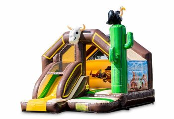 Klein overdekt opblaasbaar multiplay springkussen met glijbaan kopen in thema cowboy western voor kinderen. Bestel nu opblaasbare springkussens met glijbaan bij JB Inflatables Nederland