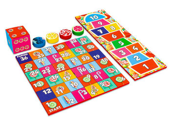 Kleurrijk spellenset voorkant van Softplay in Candy thema