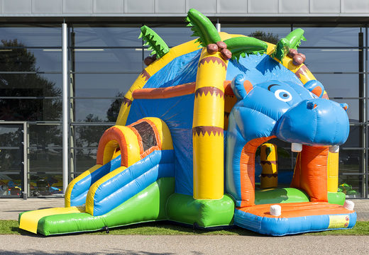 Comprar castillo hinchable multifun cubierto con tobogán en tema hipopótamo para niños. Ordene castillo hinchables en línea en JB Hinchables España