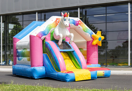 Castillo hinchable con una combinación de tobogán a la venta en tema unicorn para niños. Compra castillos hinchables en línea en JB Hinchables España