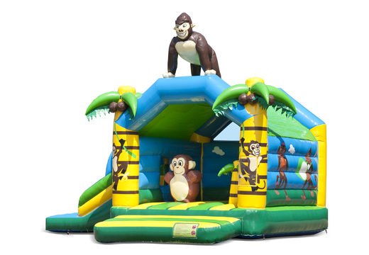 Compre un castillo hinchable de interior multifuncional con tobogán en un tema de la jungla con un gorila para los niños. Ordene castillos hinchables en línea en JB Inflatables Países Bajos