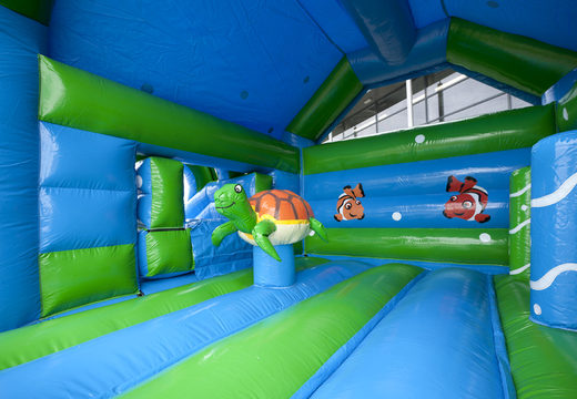 Ordene castillo hinchable multifuncional con una llamativa figura de tortuga en 3D en la parte superior y un tobogán para niños. Compre castillos hinchables en línea en JB Hinchables España