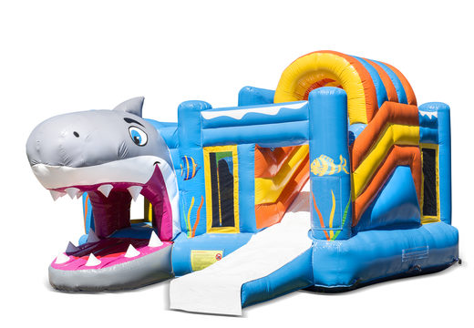 Compre un castillo inflable abierto multiplay con el tema del tiburón tiburón con tobogán para niños. Ordene castillos inflables en línea en JB Hinchables España