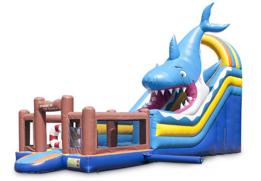 El tobogán inflable con temática de tiburones con una piscina de chapoteo, un impresionante objeto 3D, colores frescos y los obstáculos 3D ordenados para los niños. Compre toboganes inflables ahora en línea en JB Hinchables España