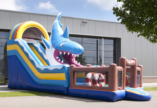 Tobogán inflable único con temática de tiburones con una piscina de chapoteo, un objeto 3D impresionante, colores frescos y obstáculos en 3D para niños. Ordene toboganes inflables ahora en línea en JB Hinchables España