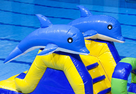Ordene un tobogán con delfines con objetos divertidos para pequeños y mayores. Compra atracciones acuáticas hinchables online ahora en JB Hinchables España