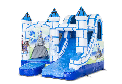Ordene el pequeño castillo hinchable multijugador inflable de interior en el tema Castillo azul y blanco con tobogán para niños. Compre castillos hinchables en línea en JB Hinchables España