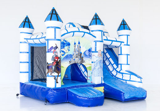 Compre un castillo hinchable azul y blanco con un tema de castillo para niños. Ordene castillos hinchables en línea en JB Hinchables España