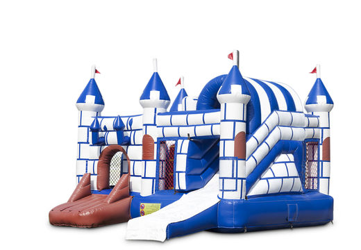 Comprar castillo inflable multijugador de interior en tema castillo azul y blanco con tobogán para niños. Ordene castillos inflables en línea en JB Hinchables España