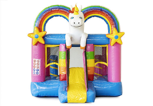 Compre el tema del unicornio colorido del mini castillo hinchable con el tobogán. Castillos hinchables para niños a la venta en JB Hinchables España