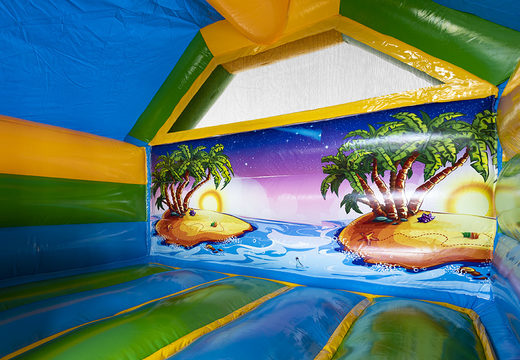 Compra un castillo inflable con una combinación de tobogán en tema hawaii para niños. Ordene castillos inflables en línea en JB Hinchables España