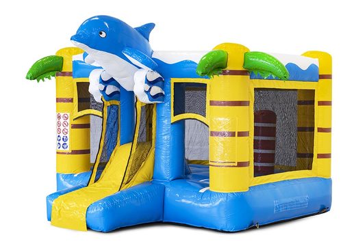 Ordene el pequeño castillo hinchable multiplay en tema delfín azul con tobogán para niños. Castillos hinchables a la venta en JB Hinchables España