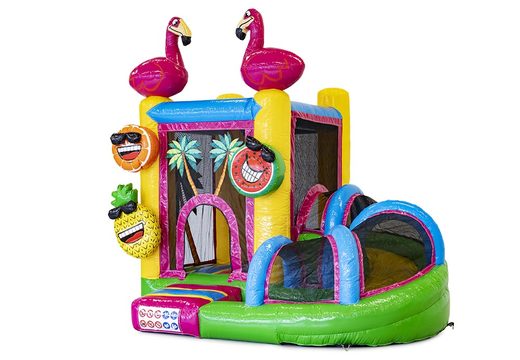 Compre un pequeño castillo inflable multijugador inflable de interior en el tema flamingo con tobogán para niños. Ordene castillos inflables en línea en JB Hinchables España