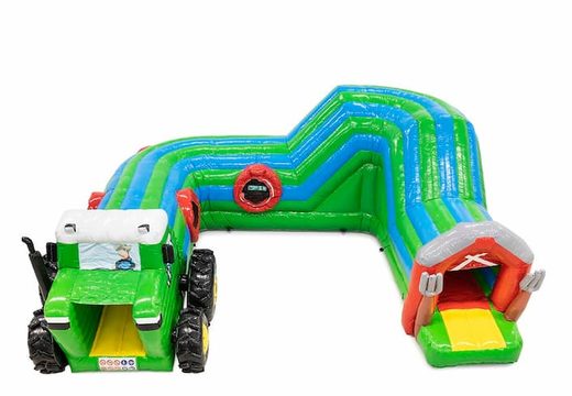 Compre Playfun castillo hinchable con túnel de arrastre en tema tractor para niños. Ordene castillos hinchables en línea en JB Hinchables España