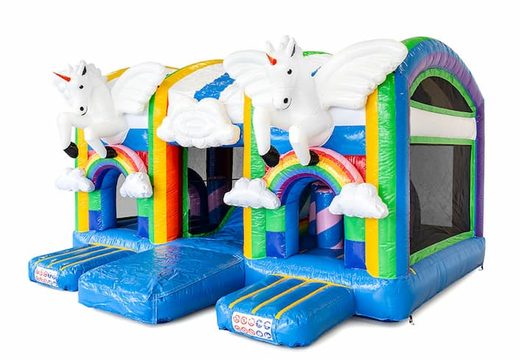 Compre un gran castillo inflable de interior multiplay con tobogán en el tema unicornio para niños. Ordene castillos inflables en línea en JB Hinchables España