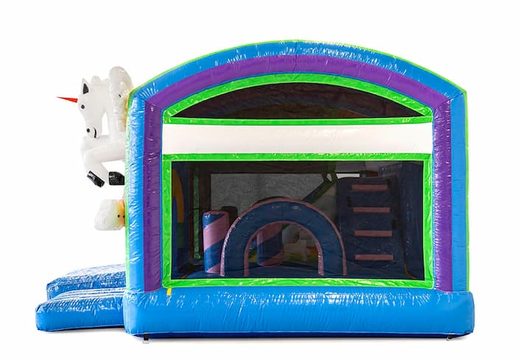 Compra un castillo hinchable de unicornio con un diseño único con dos entradas, un tobogán en el medio y objetos en 3D para niños. Ordene castillos hinchables en línea en JB Hinchables España