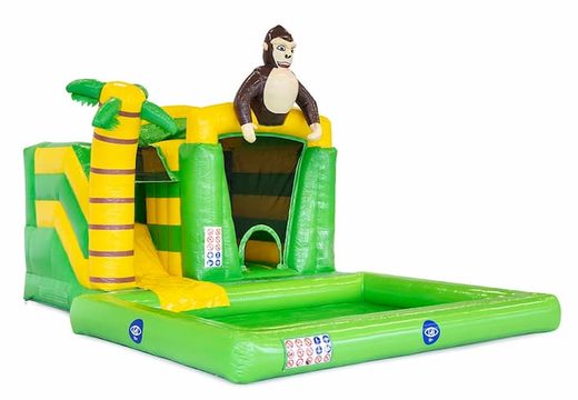 Compre un pequeño castillo inflable verde con salpicaduras en el tema de la jungla con un objeto 3D de un gorila en JB Hinchables España
