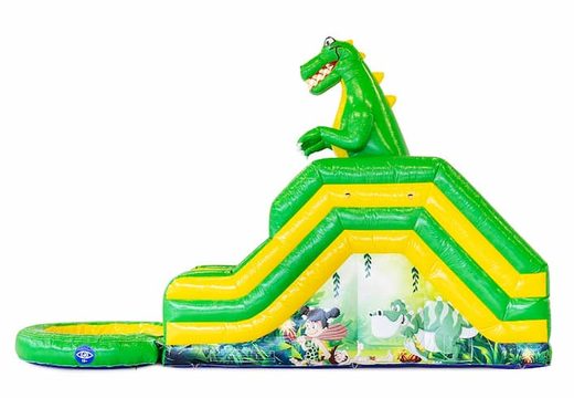 Compre un castillo hinchable con tobogán de agua con un objeto 3D de un dinosaurio grande en la parte superior en JB Hinchables España. Ordene castillos hinchables en línea en JB Hinchables España ahora