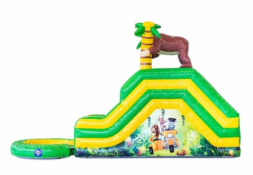 Compre un castillo hinchable con tobogán de agua en el tema de la jungla con un objeto 3D de un gorila en JB Inflatables España. Ordene el castillo hinchable en línea en JB Hinchables España