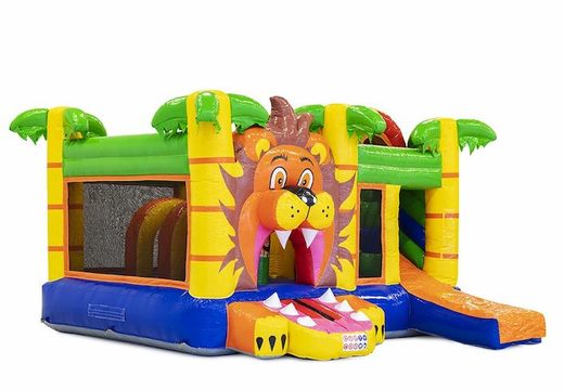 Castillo hinchable multiplay en tema león con tobogán y obstáculos para niños