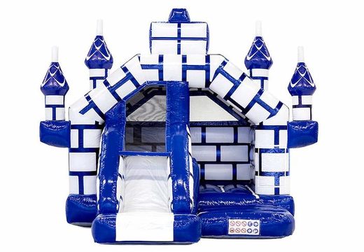 Ordene el castillo hinchable combinado con tobogán con tobogán en el tema del castillo con azul y blanco para niños