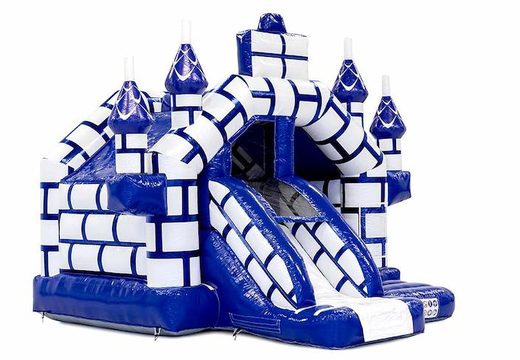 Tobogán hinchable combinado con tobogán en tema de castillo con orden azul y blanco para niños