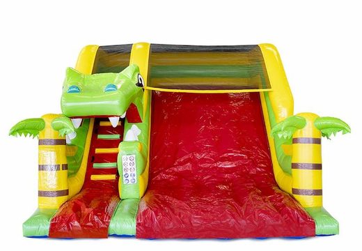 Tobogán inflable con temática de dinosaurio rojo y verde para niños a la venta