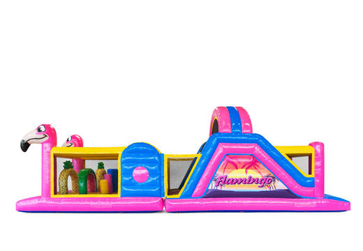 Ordene el castillo hinchable de 13 metros en tema Flamingo para niños. Compre pistas americanas inflables en línea ahora en JB Hinchables España