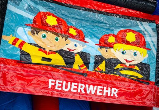 Castillo hinchable temática de bomberos con ilustración de bomberos alemanes, ordene en línea